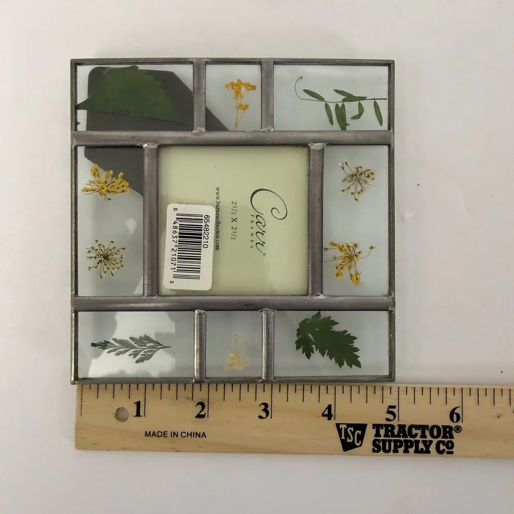 Vintage 1998 Carr Pressed Wildflower Glass Photo Frame 2.5x2.5 Original Box